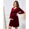 Coolmee Womens Maternity V-Neck Long Sleeve Elastic Waist Velvet A Line Mini Dress With Pocket Breastfeeding Baby Shower Dress - 2 of 4