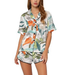 cheibear Women's Silky Satin Nightwear with Shorts Lounge Sleepwear Pajama Set - 1 of 4