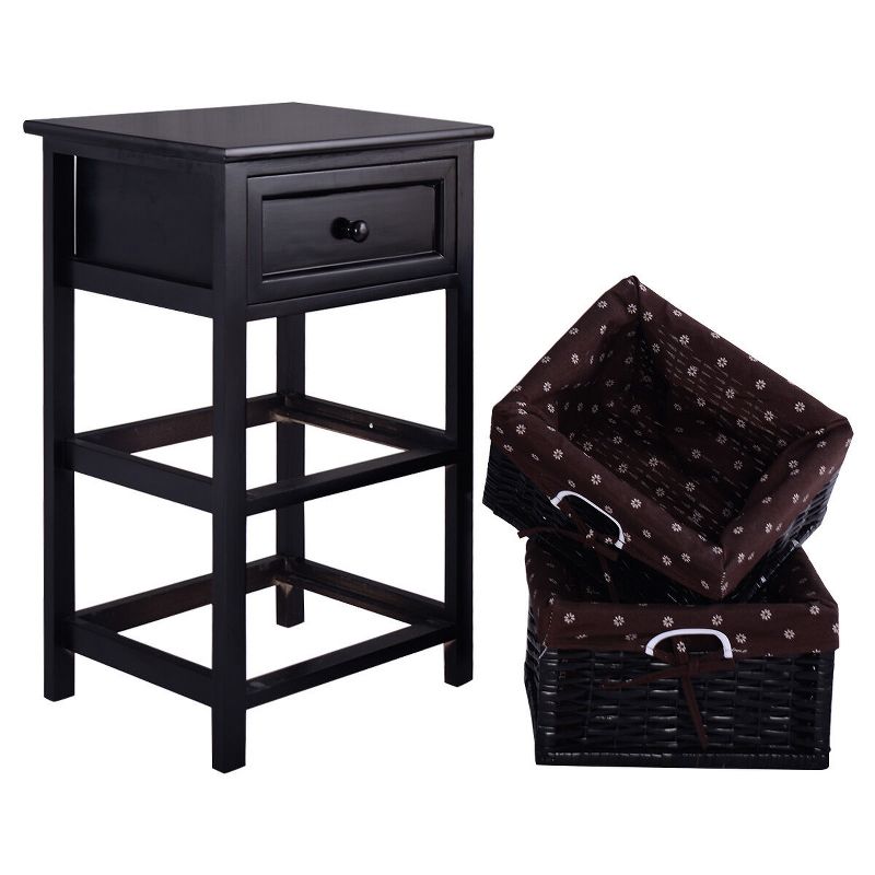 Costway Black Night Stand 3 Tiers 1 Drawer Bedside End Table Organizer Wood W/2 Baskets, 5 of 11