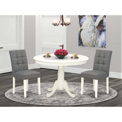East West Furniture 3 Piece Dinner Table Set consists A Modern Table and 2 Platinum Gray Faux Leather Kitchen Chairs with Stylish Back- White Finish
