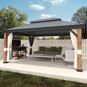 YARDSIGHT 12 Ft. X 16 Ft. Wood Grain Aluminum Gazebo with Double Steel Roof, Ceiling Hook, Mosquito Netting, and Privacy Curtains - 1 of 4