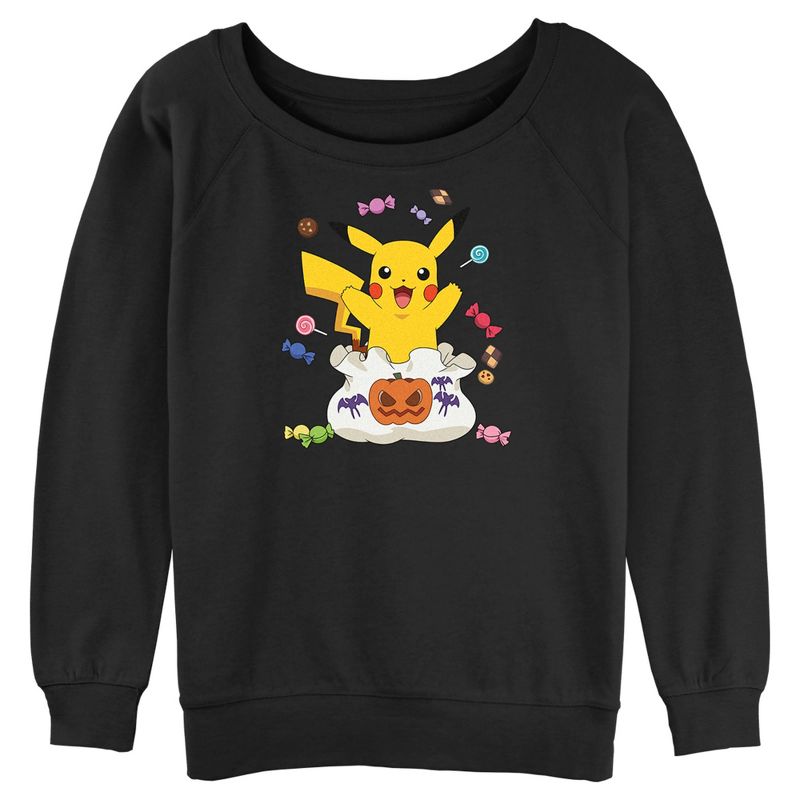 Juniors Womens Pokemon Halloween Pikachu Candy Bag Sweatshirt, 1 of 5