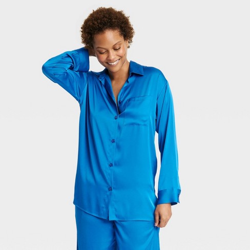 Women's Satin Long Sleeve Button Down Pajama Shirt - Stars Above