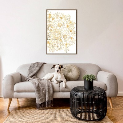 Gold Botanical Rose Beaded Framed Canvas Wall Art