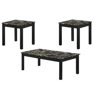 3pc Marble Top Cocktail and End Table with Block Legs Black - Benzara