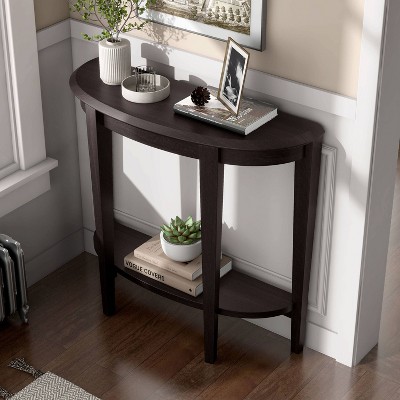 Espresso Brown Wood Semi-Circle Hallway Table with Storage Shelf