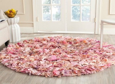 Ivory and Pink Round Tufted Shag Area Rug, 6'
