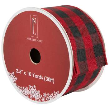 2.5 x 10 yds Red & Black Buffalo Check Ice Skates with Candy on Light  Natural Canvas Ribbon, Wired Christmas Ribbon