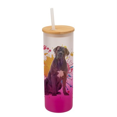 100 North 25 Ounce Frosted Glass Gradient Travel Tumbler With Straw & Wooden Lid, Cane Corso Dog Paint Splatter Pink