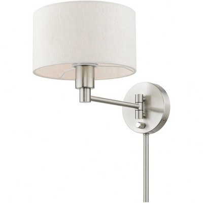 Transitional Brushed Nickel Swing Arm Wall Lamp with Oatmeal Fabric Shade