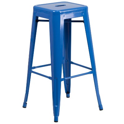 30" Round Blue Metal Indoor-Outdoor Bar Table Set with 4 Backless Stools