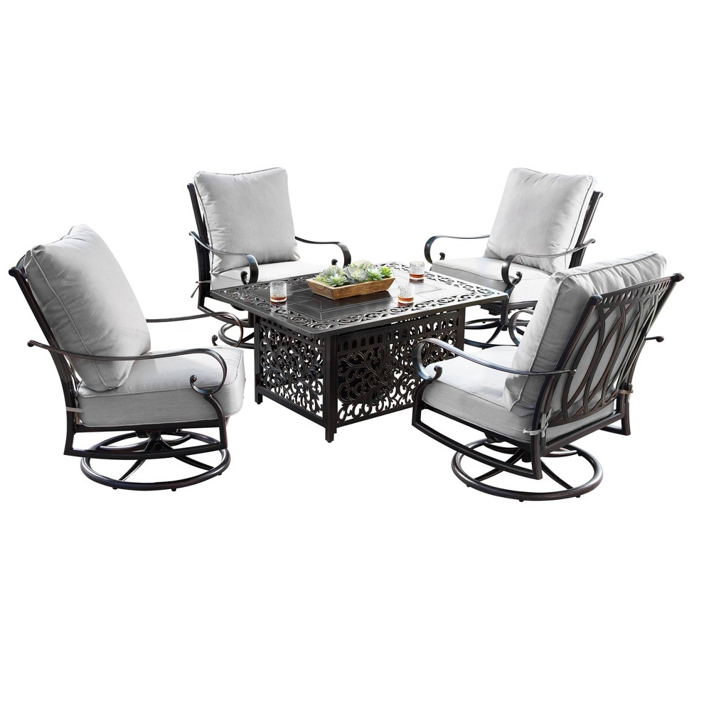 Photos - Dining Table 5pc Set with 48" Rectangular Outdoor Aluminum Fire Table & Four Swivel Roc