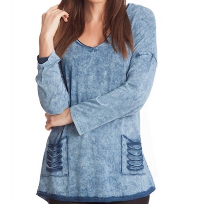 Women's Stonewash V-Neck Cut Out Pocket Top - ANGEL
