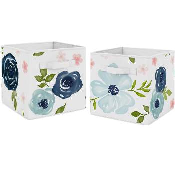 Sweet Jojo Designs Girl Set of 2 Kids' Decorative Fabric Storage Bins Watercolor Floral Blue Pink and White
