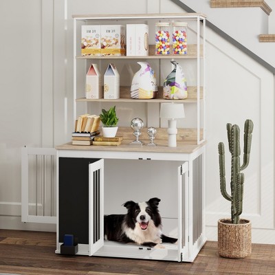 Large White Particleboard and Steel Dog Crate Table with Shelves