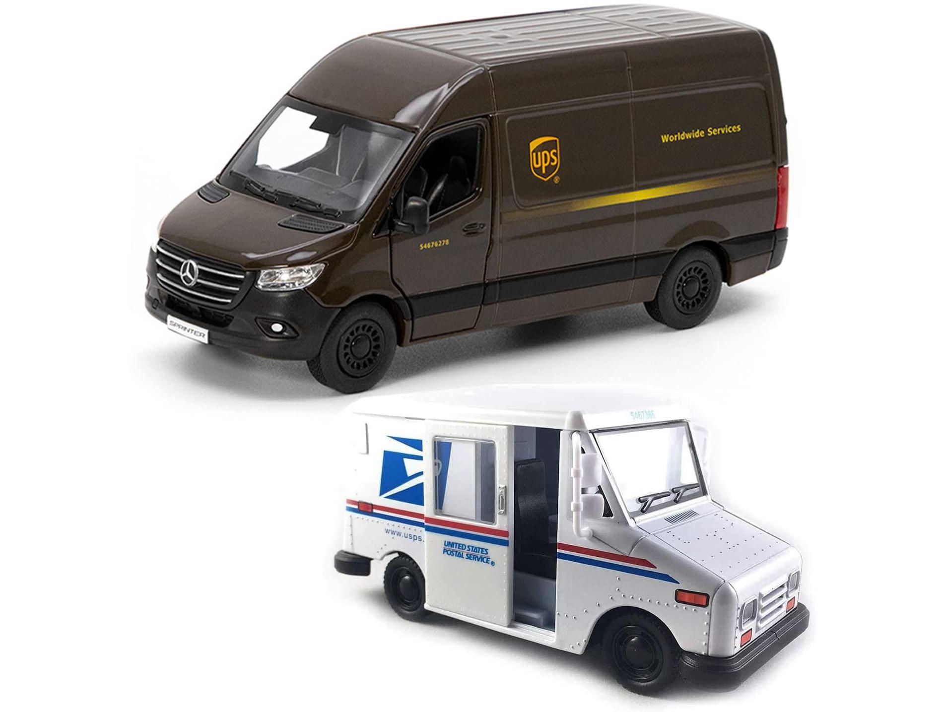 KiNSMART - UPS Mercedes-Benz Sprinter + United States Postal Mail Truck Grumman LLV 5 Inch Die Cast Metal Model Toy Van & Trucks SetOf2