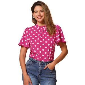 INSPIRE CHIC Women's Polka Dots Stand Collar Pleat Keyhole Back Short Flare Sleeve Tops - 1 of 4