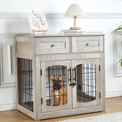 Rustic Brown Dog Crate Furniture Table with 2 Drawers & 3 Doors - Indoor Dog Kennel & House - Side End Table