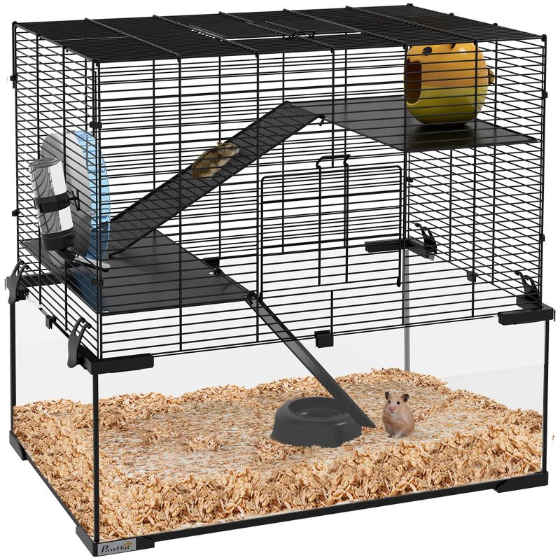PawHut Hamster Cage, Mouse Cage with Glass Basin, Ramps, Platforms, Hut, Exercise Wheel, Black, 1 of 7