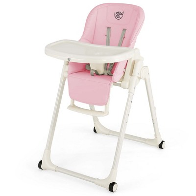 Image of Babyjoy 4-in-1 Foldable Baby High Chair Height Adjustable Feeding Chair with Wheels Pink
