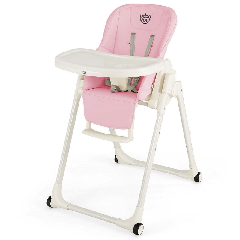 Babyjoy 4-in-1 Foldable Baby High Chair Height Adjustable Feeding Chair with Wheels Grey/Beige/Pink, 1 of 9