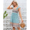 Women's Floral V Neck Boho Casual Swing Mini Dress Smocked Swing Dress - 3 of 4