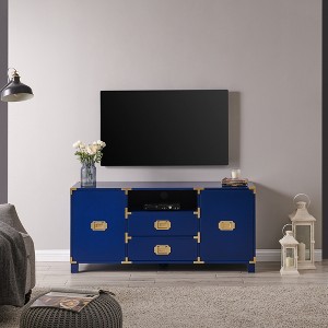 52.25" Wood Campaign TV Stand with Brass Hardware and Two Drawers, Entertainment Center Console with Open Shelf, and Side Cabinet Storage - 1 of 4