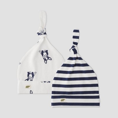Layette by Monica + Andy Baby Boys' 2pk Striped and Top Dog Top Knot Hat - Navy