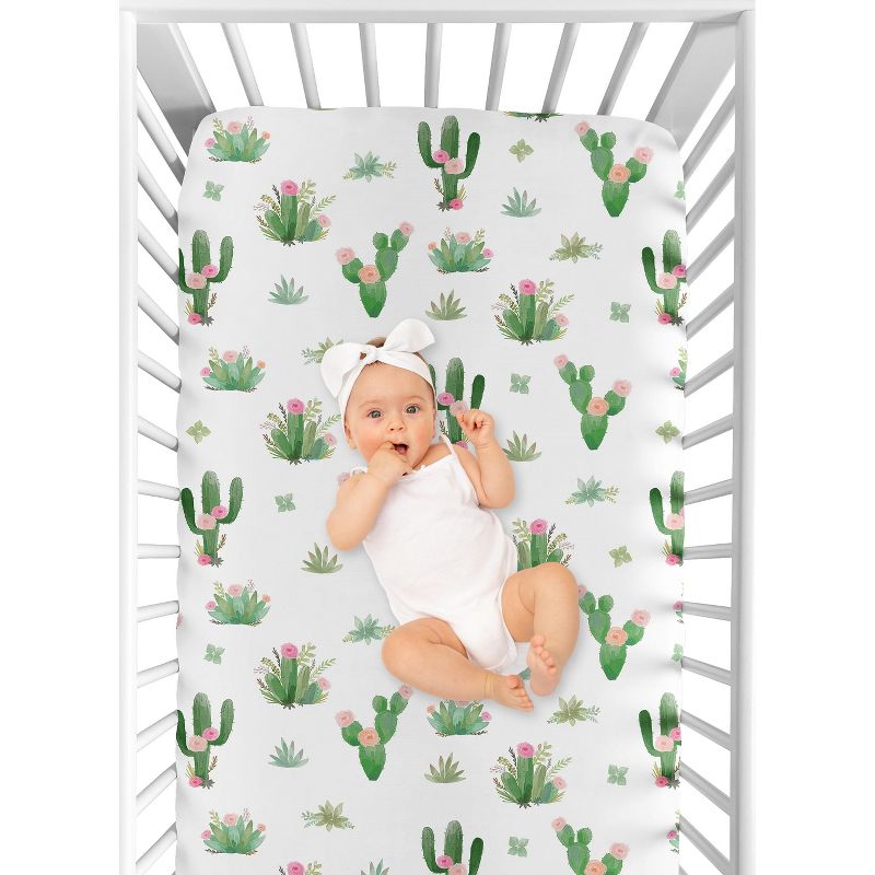 Sweet Jojo Designs Girl Baby Fitted Crib Sheet Cactus Floral Pink Green and White, 5 of 8