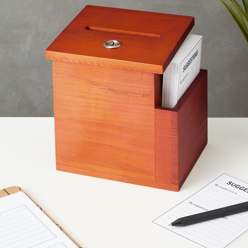 Juvale Wooden Suggestion Box with Lock and Keys, Brown Ballot Box with 50 Blank Suggestion Cards, Locking Lid and Side Slot for Donation, 7.5x7.1x5.5", 2 of 9