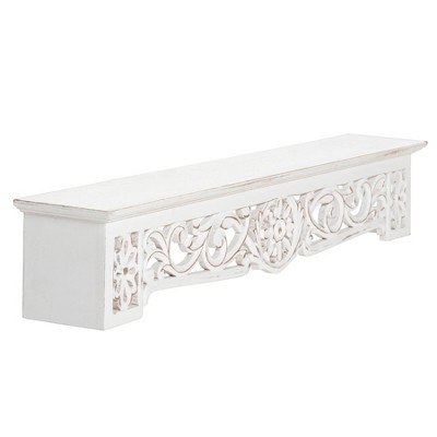 Morris White Hand Carved Wood Floating Wall Shelf, 30"
