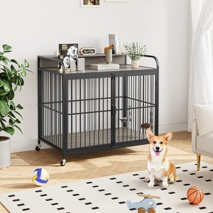 38 Inch Dog Crate Furniture, Heavy Duty Wooden End Table Kennel with Adjustable Bowls - 1 of 4