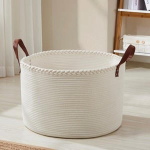 Ornavo Home 21" Large Round Cotton Rope Storage Basket Laundry Hamper with Faux Leather Handles - 1 of 4