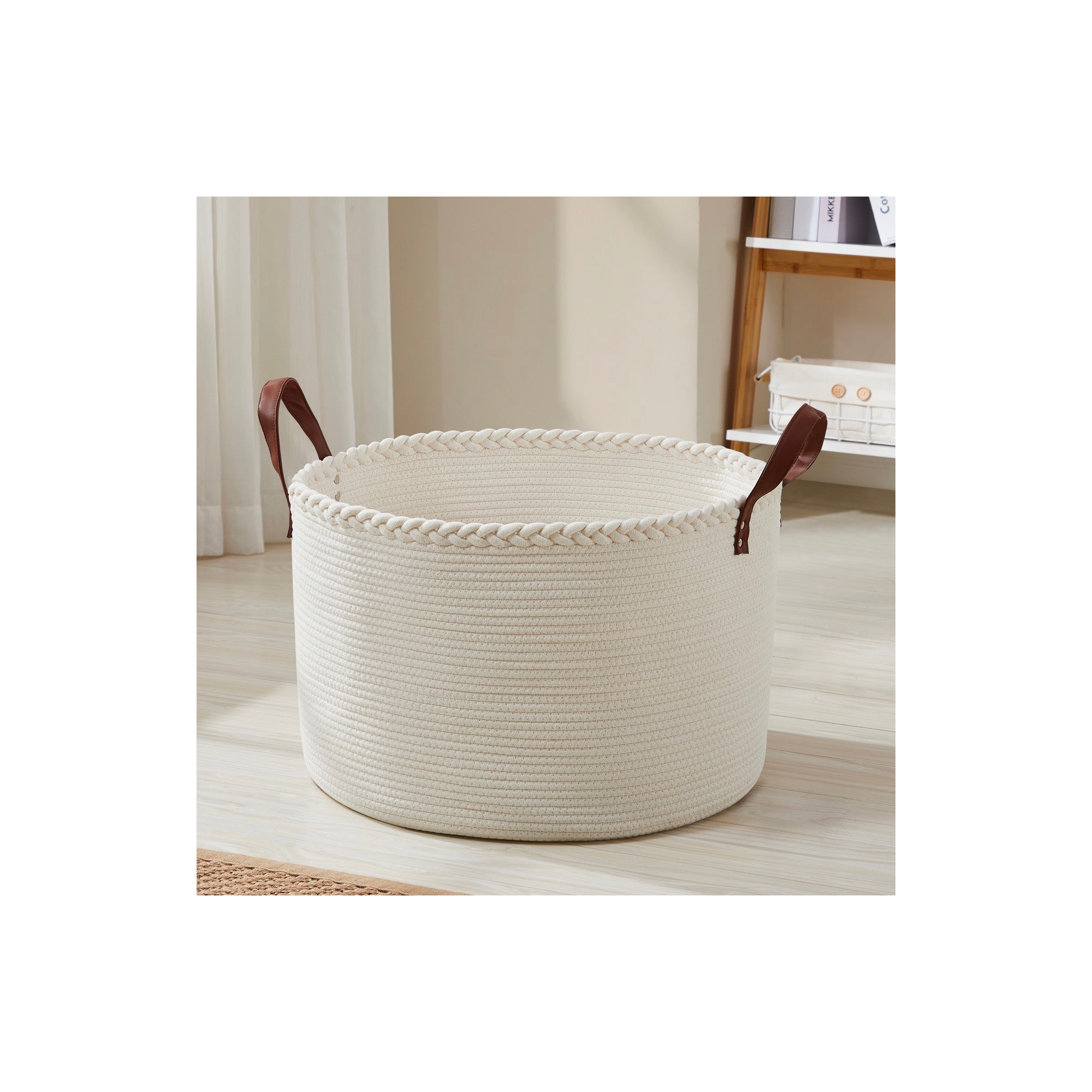 Ornavo Home Large Round Cotton Rope Storage Basket Laundry Hamper with Faux Leather Handles - Cream