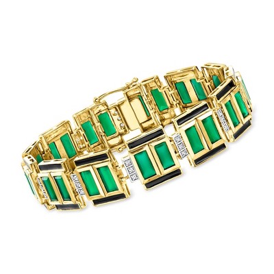 Ross-Simons Green Chalcedony and 0.50 ct. t.w. White Topaz Bracelet With Black Enamel in 18kt Gold Over Sterling