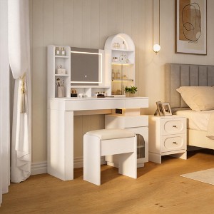 dressing table design white colour Arched Vanity Desk with Mirror and Lights, White Makeup Vanity Table with 3  Drawers and 11 Storage Shelves, Large Dressing Table with Outlet