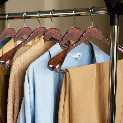 DEILSY Dark Brown Wide Shoulder Wooden Hangers with Non-Slip Pants Bar (6 Pack)