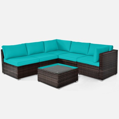 Tangkula 6PCS Wicker Patio Sectional Conversation Furniture Set with Coffee Table & Seat Cushions Navy/Black/Turquoise/Red