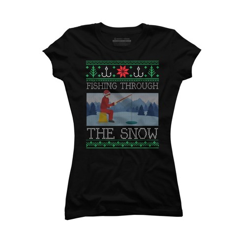 Junior's Design By Humans Christmas Ice Fishing Through Snow Fishing Ugly  Christmas Sweate By pahari T-Shirt - Black - 2X Large
