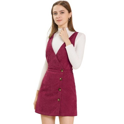 Allegra K Women's Corduroy Mini V Neck Vintage A-Line Bib Overall Pinafore Skirts