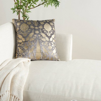 20"x20" Gray Velvet Throw Pillow with Gold Foil Birds