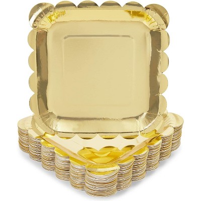 Sparkle and Bash 48 Pack Gold Foil Square Disposable Paper Plates Scalloped Edge, 7 In