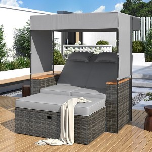 Outdoor Daybed with Canopy, 57'' Chaise Lounge Chair with Waist Pillow & Adjustable Backrest, Pool Sunbathing Recliners for Patio Porch Backyard - 1 of 4