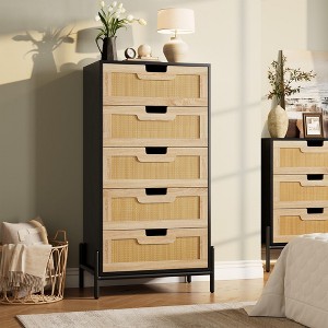 Rattan 5 Drawer Dresser for Bedroom, Modern Farmhouse Wooden Storage Cabinet with Legs, Mid Century Tall Drawer Dresser for Living Room, Entrance - 1 of 4