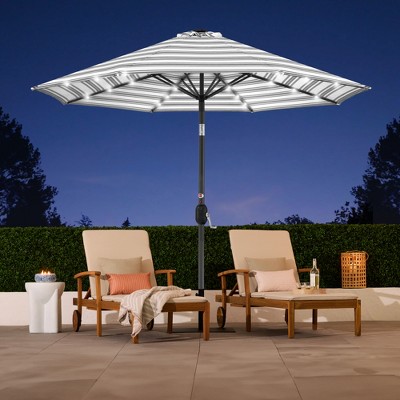 10ft Striped Gray Market Umbrella with Solar LED Lights and Metal Pole