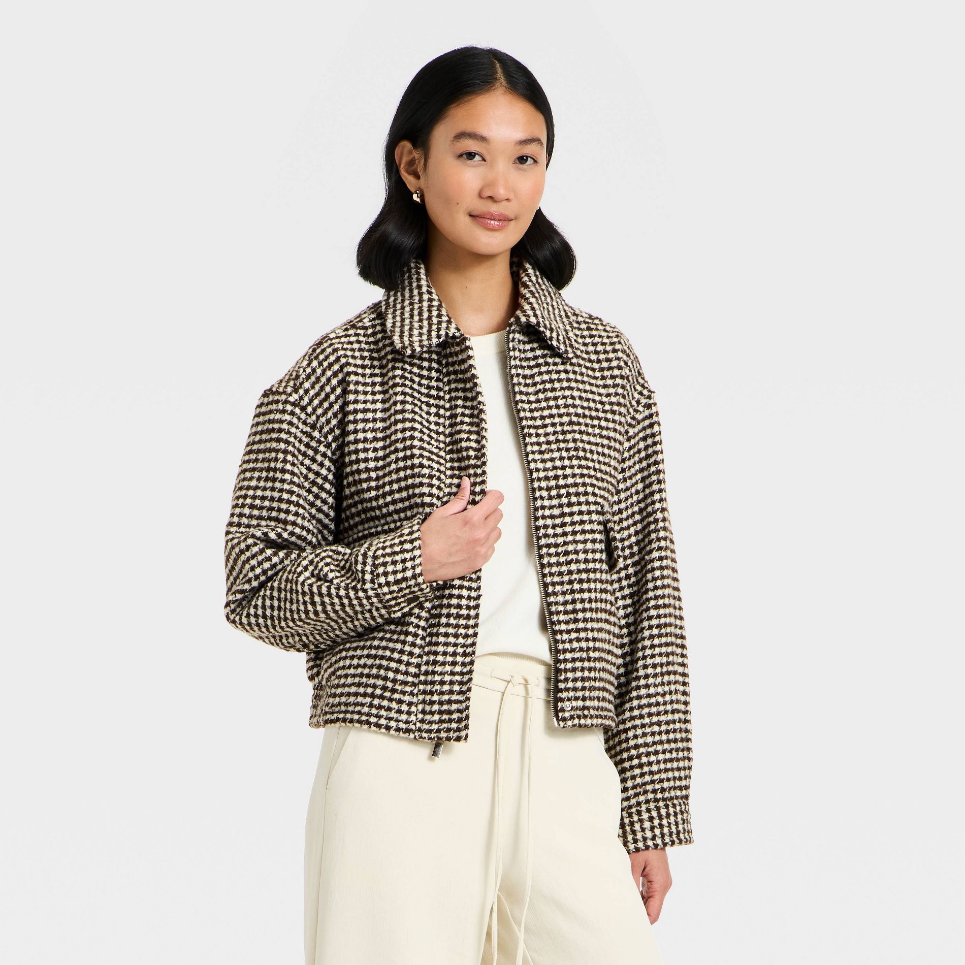 Women's Textured Houndstooth Jacket - A New Day™ Brown