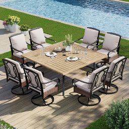 Captiva Designs 9pc Spacious Slat-top Square Metal Table & Rattan Metal Chairs with Thick Cushions