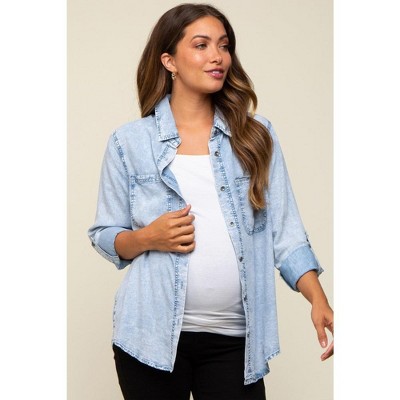 PinkBlush Light Blue Chambray Maternity Rolled Cuff Shirt