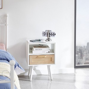 Mid-Century Modern Nightstand,15.75" Rattan Night Stands with Power Outlet & USB Ports,Drawer Solid Wood Legs, Bedroom Night Stand - 1 of 4