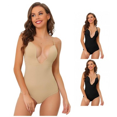 INSPIRE CHIC Women's U-Plunge Leotard Jumpsuit Top Waist Tummy Control  Built-in Bra Full Shapewear Bodysuit 3 Packs